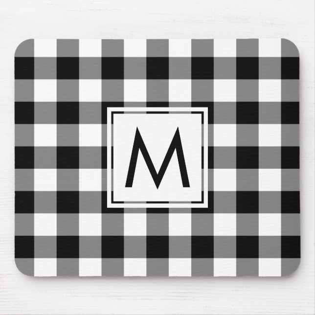 Modern Monogram Black and White Gingham Pattern Mouse Mat (Front)