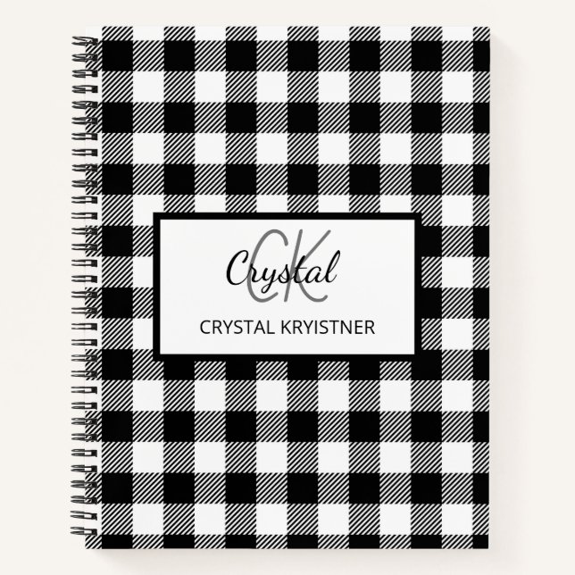 Modern Monogram Black and White Plaid  Notebook (Front)
