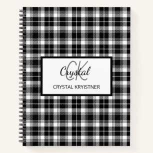 Modern Monogram Black and White Plaid  Notebook