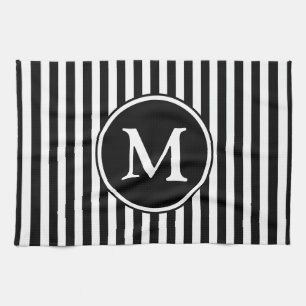 Modern Monogram Black And White Stripes Tea Towel