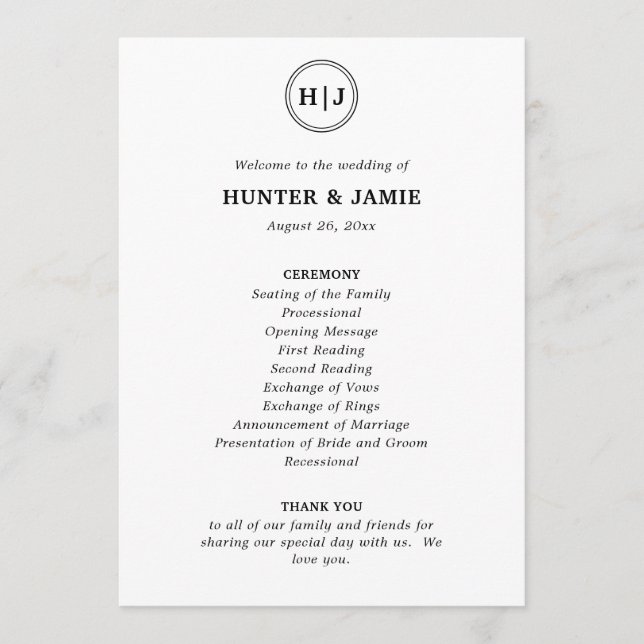 Modern Monogram Black and White Wedding Program Programme (Front)