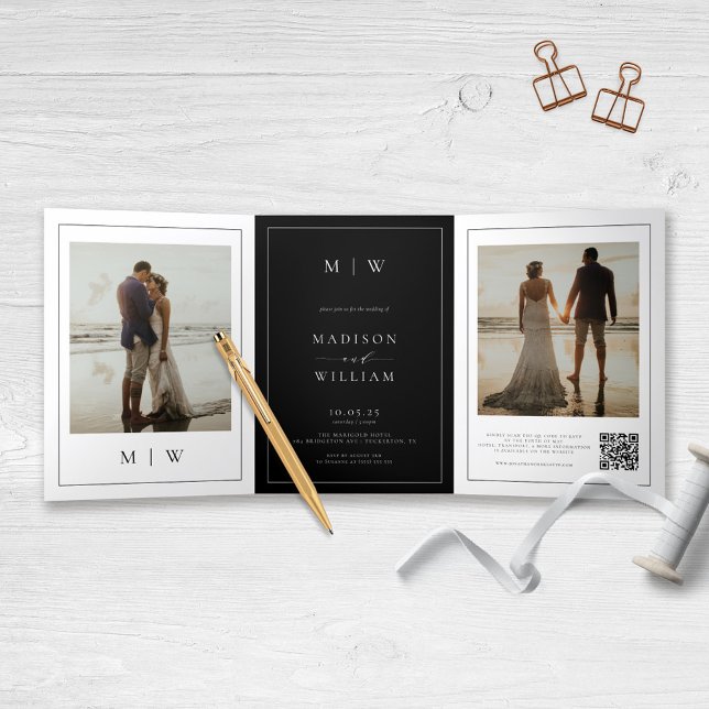 Modern Monogram Black and White Wedding Tri-Fold Invitation (Creator Uploaded)