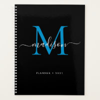 Modern Monogram Black Blue Girly Script Name 2021