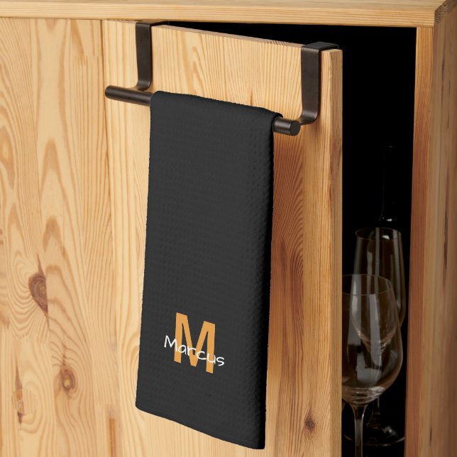 Modern Monogram Black Chic Tea Towel (Thirds Fold)