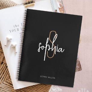 Modern Monogram Black Gold Business School Notebook