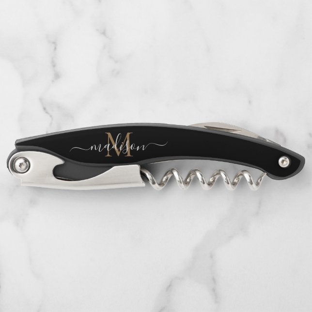 Modern Monogram Black Gold Elegant Script Name Corkscrew (Front)