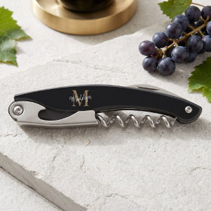 Modern Monogram Black Gold Elegant Script Name Corkscrew