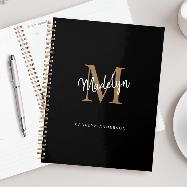 Modern Monogram Black Gold Elegant Script Name Planner (Creator Uploaded)