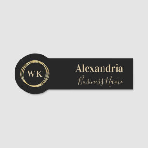Modern Monogram Black Gold Employee Name Tag