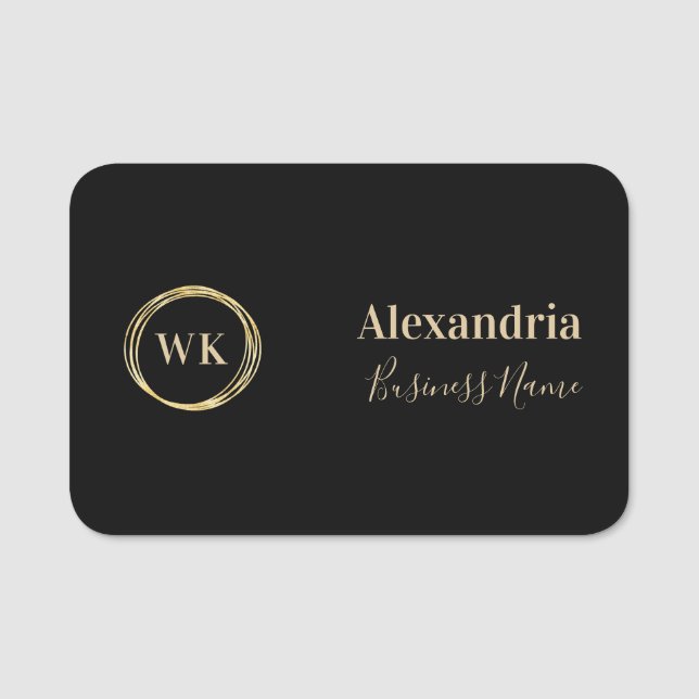 Modern Monogram Black Gold Employee Name Tag (Front)