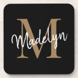 Modern Monogram Black Gold Feminine Script Name Coaster<br><div class="desc">Modern Monogram Black Gold Feminine Script Name Beverage Coaster. Easily personalise this modern elegant beverage coaster with your custom monogram and name.</div>