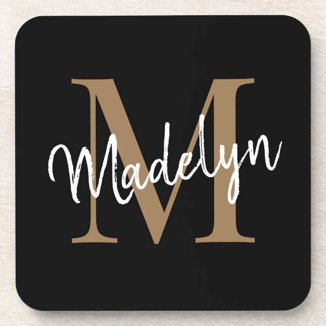 Modern Monogram Black Gold Feminine Script Name Coaster (Front)