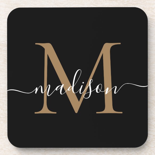 Modern Monogram Black Gold Feminine Script Name Coaster (Front)