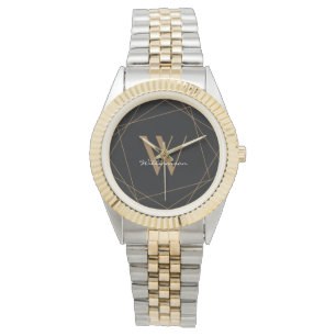 Modern Monogram Black Gold Name Script Watch