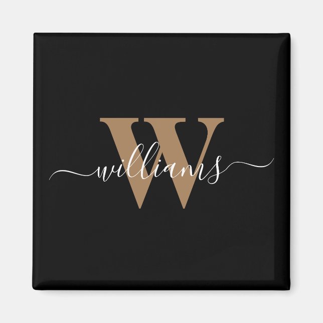 Modern Monogram Black Gold Script Initial Name Magnet (Front)