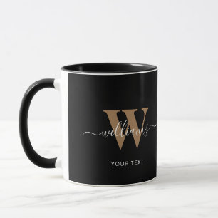 Modern Monogram Black Gold Script Initial Name Mug