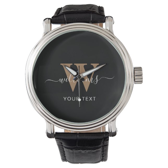 Modern Monogram Black Gold Script Initial Name Watch (Front)