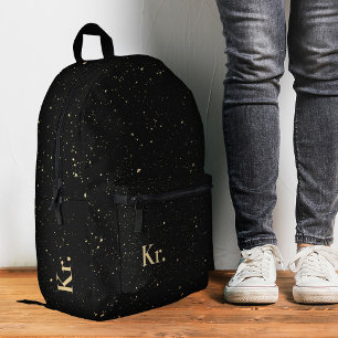 Modern Monogram Black Gold Splatter Stylish Printed Backpack
