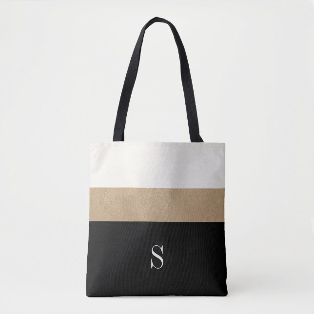 Modern Monogram Black Gold Stripe Tote Bag (Front)