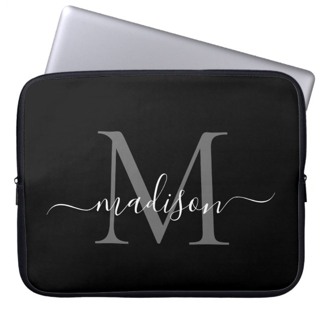 Modern Monogram Black Gray Silver Girly Script Laptop Sleeve (Front)