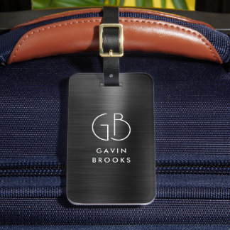 Modern Monogram Black Grey Brushed Glam Metallic Luggage Tag