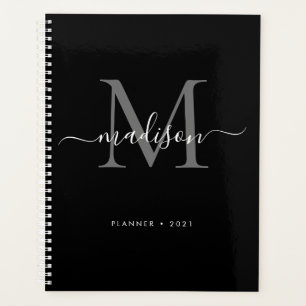 Modern Monogram Black Grey Girly Script Name 2021 Planner