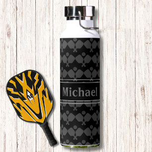Modern Monogram Black Grey Pickleball Pattern Water Bottle