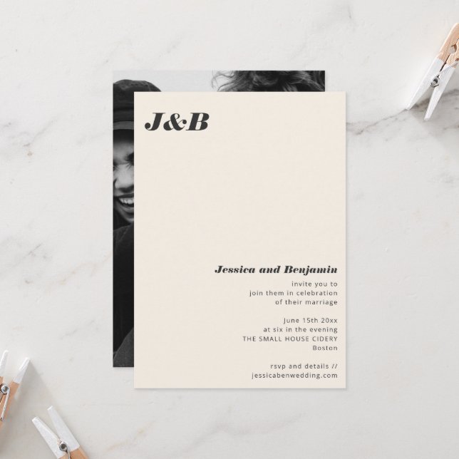 Modern Monogram Black Ivory Photo Wedding Invitation (Front/Back In Situ)