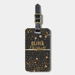 Modern Monogram   Black Leather Gold Glitter Stars Luggage Tag