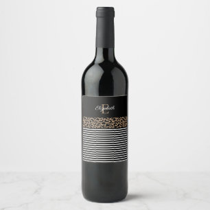 Modern Monogram Black Leopard Print Wine Label