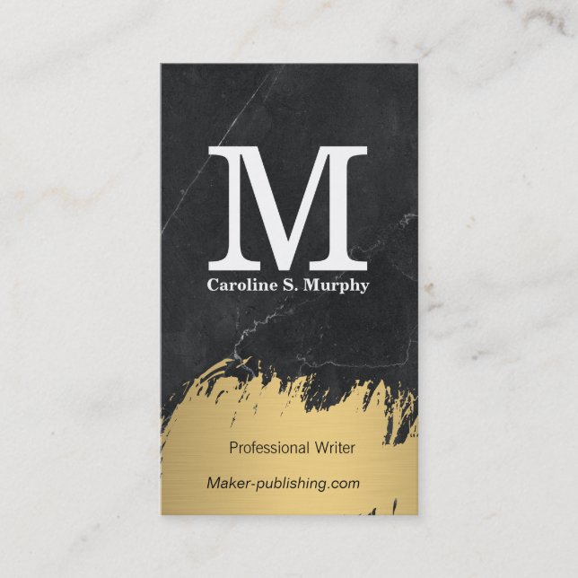 Modern Monogram | Black Marble | Gold Brushed Business Card (Front)