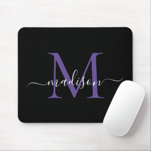 Modern Monogram Black Purple Violet Girly Script Mouse Mat
