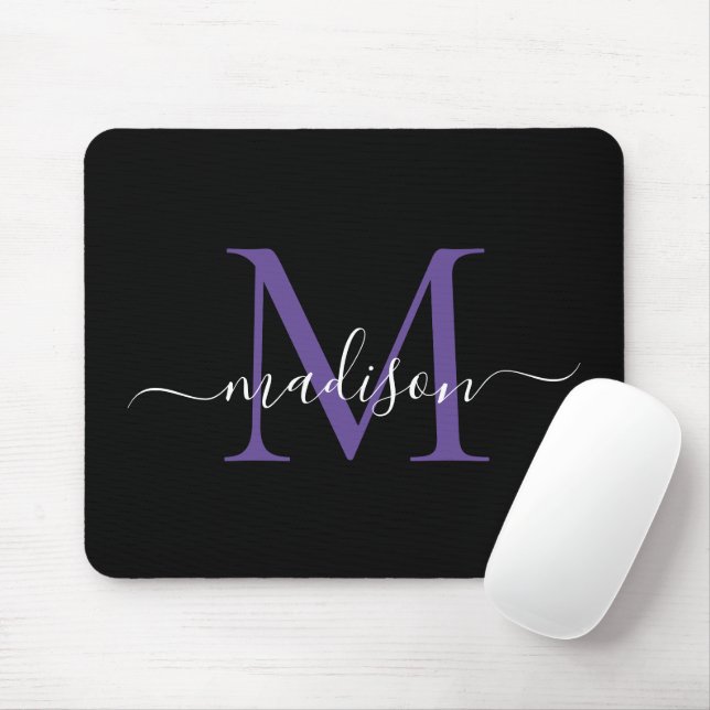 Modern Monogram Black Purple Violet Girly Script Mouse Mat (With Mouse)