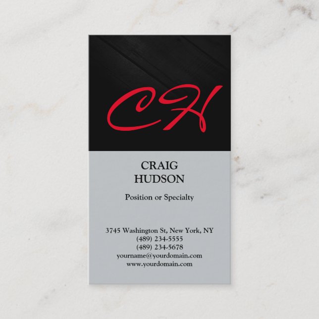 Modern Monogram Black Red Grey Business Card (Front)