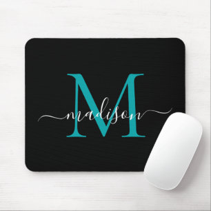 Modern Monogram Black Teal Green Chic Girly Script Mouse Mat