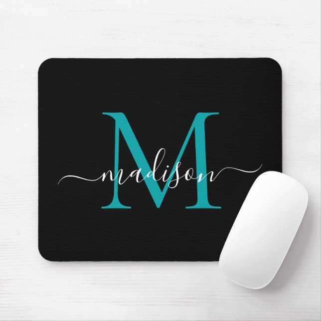 Modern Monogram Black Teal Green Chic Girly Script Mouse Mat (With Mouse)