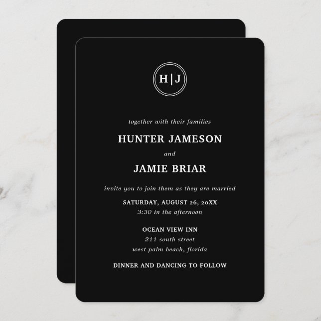 Modern Monogram Black Wedding Invitation (Front/Back)