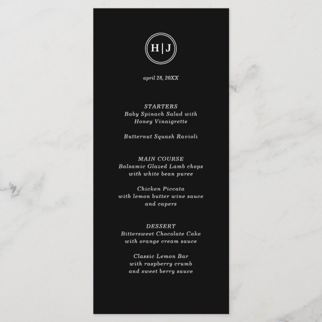 Modern Monogram Black Wedding Menu (Front)
