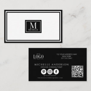 Modern Monogram Black & White Border Logo QR Business Card