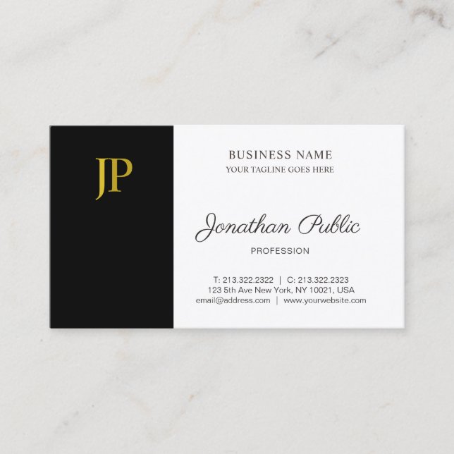 Modern Monogram Black White Gold Company Plain Business Card (Front)