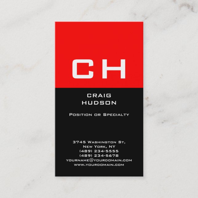Modern Monogram Black White Red Business Card (Front)
