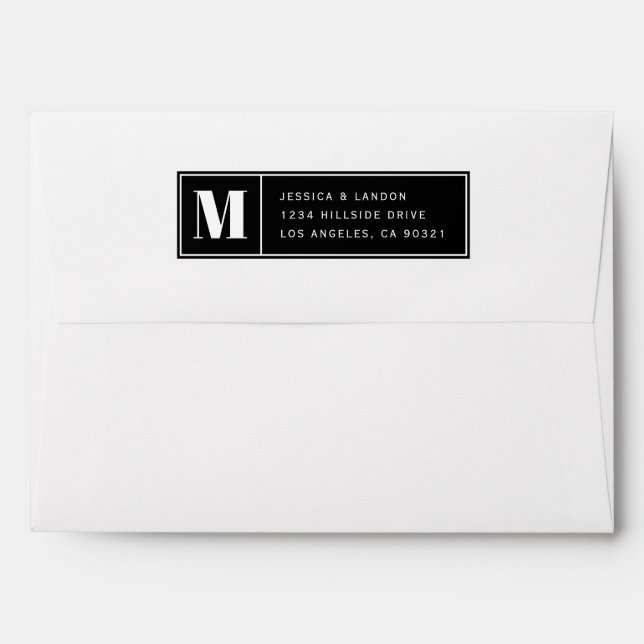 Modern Monogram Black & White Return Address 5x7 Envelope (Back (Top Flap))