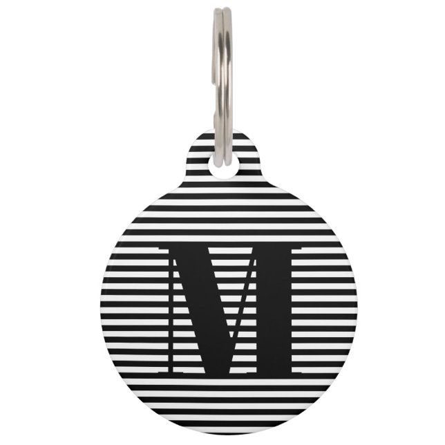 Modern monogram black white stripes custom info pet tag (Front)