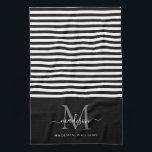 Modern Monogram Black White Stripes Script Name Tea Towel<br><div class="desc">Modern Monogram Black White Stripes Elegant Feminine Script Name kitchen towel</div>