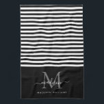 Modern Monogram Black White Stripes Script Name Tea Towel<br><div class="desc">Modern Monogram Black White Stripes Elegant Feminine Script Name kitchen towel</div>