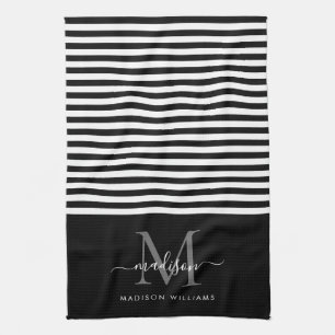 Modern Monogram Black White Stripes Script Name Tea Towel