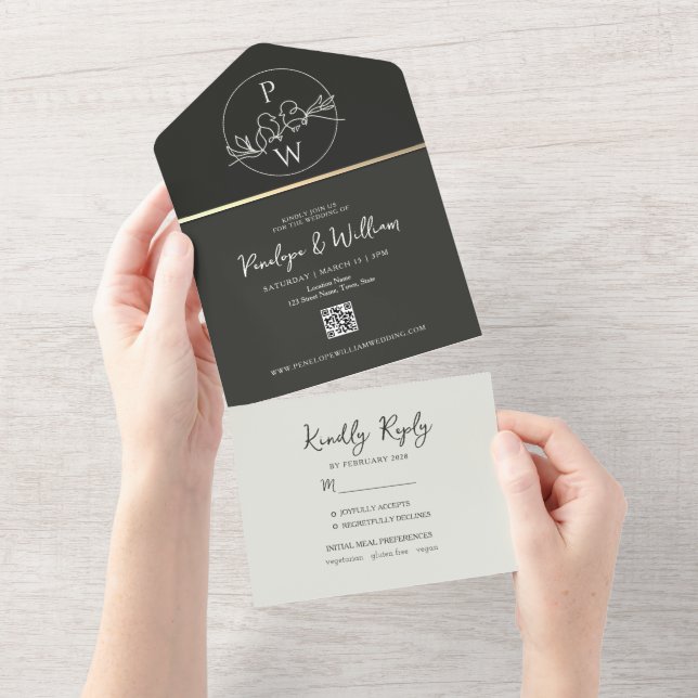 Modern Monogram Black White Wedding All In One Inv Invitation (Tearaway)