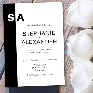 Modern Monogram Black White Wedding Invite