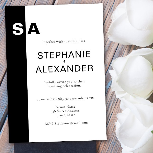 Modern Monogram Black White Wedding Invite (Creator Uploaded)