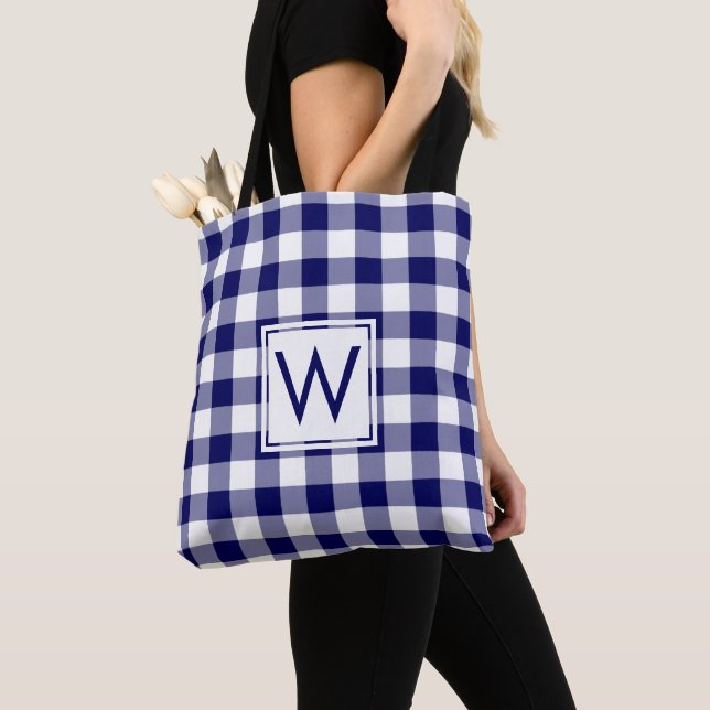 Modern Monogram Blue and White Gingham Pattern Tote Bag (Close Up)